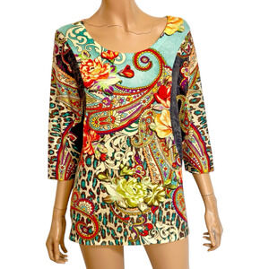Dolman Knit Top M Mixed Floral Paisley Animal Print High Low Artsy